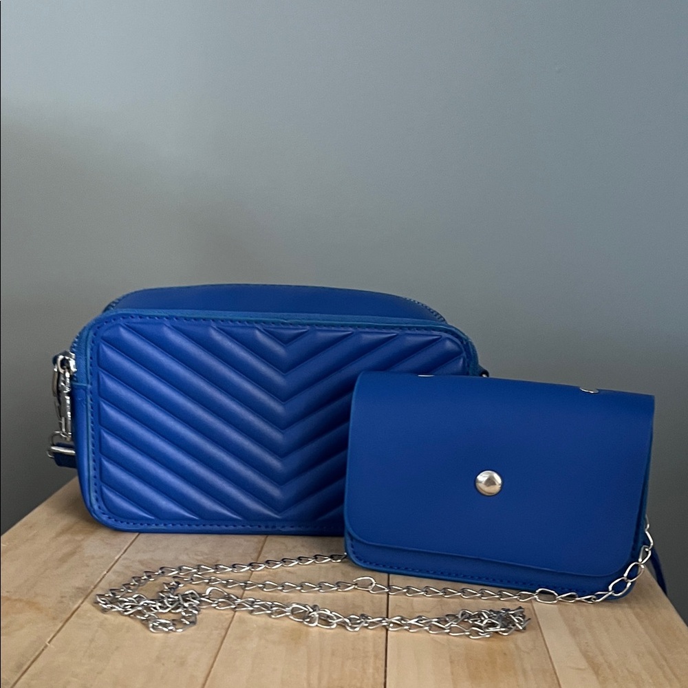 Blue Quilted Crossbody Bag Set